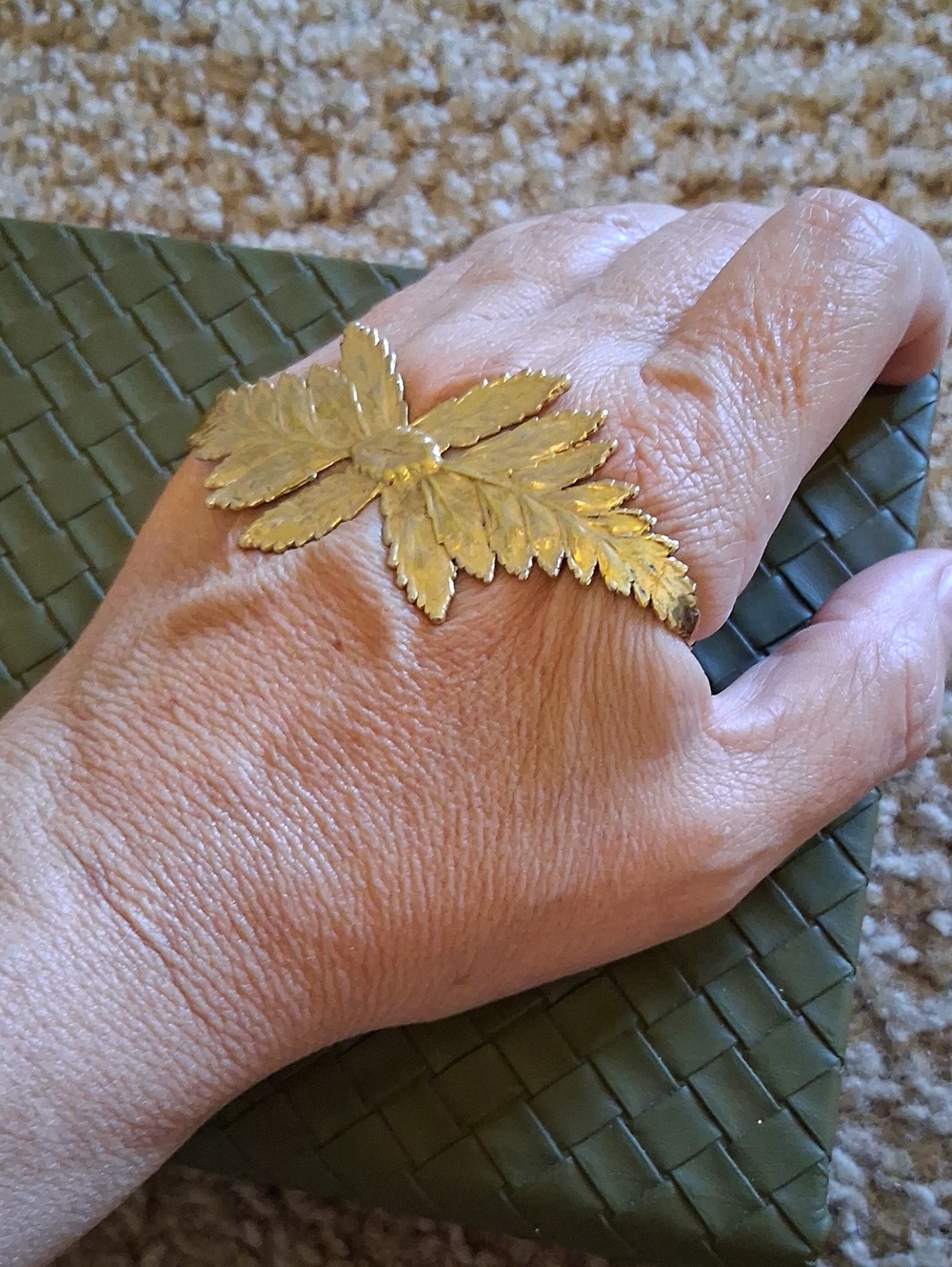 Gold Tone Brass Leaf Palm Ring